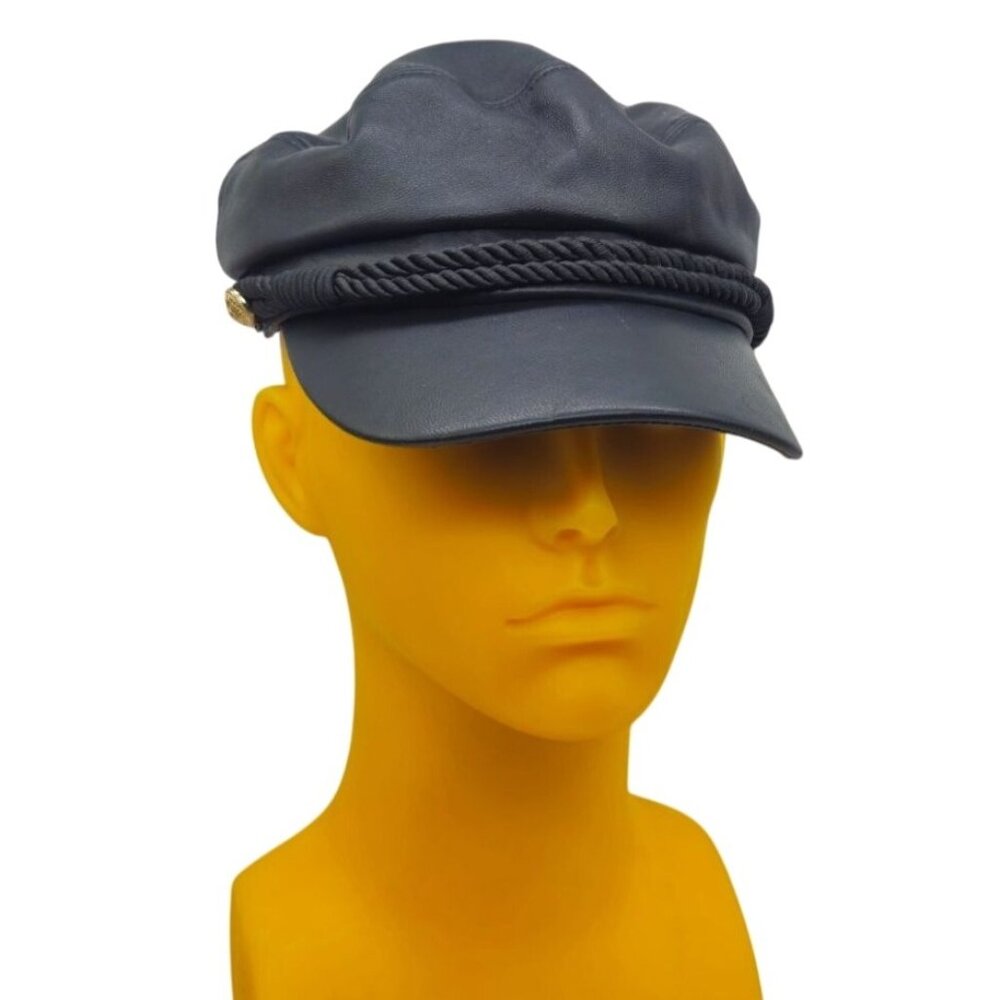 Hatattack Black 100% Real Leather Baker Boy Fiddler Cap Rope Detail Gold Button